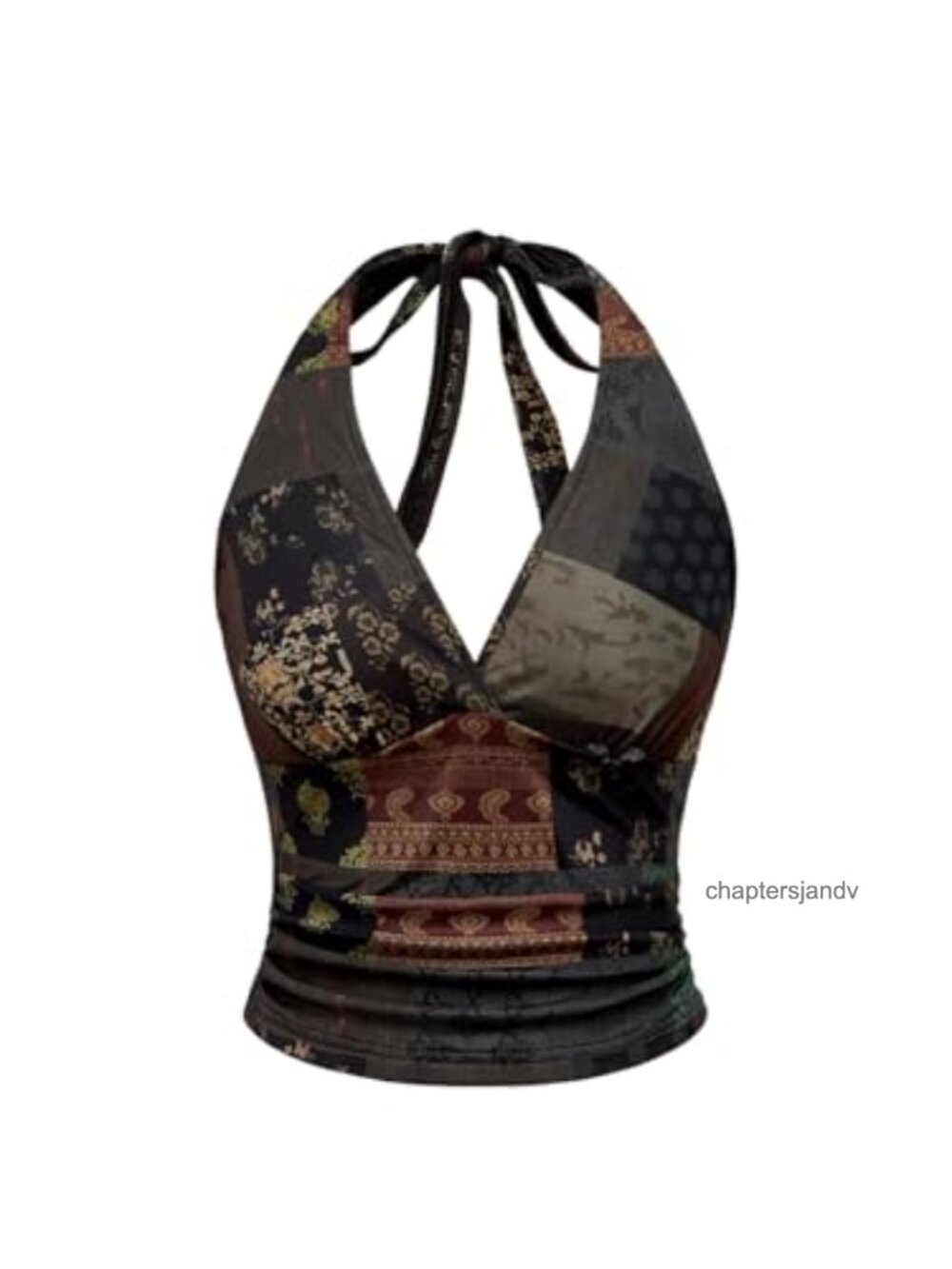 Boho Halter Crop Top V Neck Paisley Print Tank Sleeveless Ruched Open Back